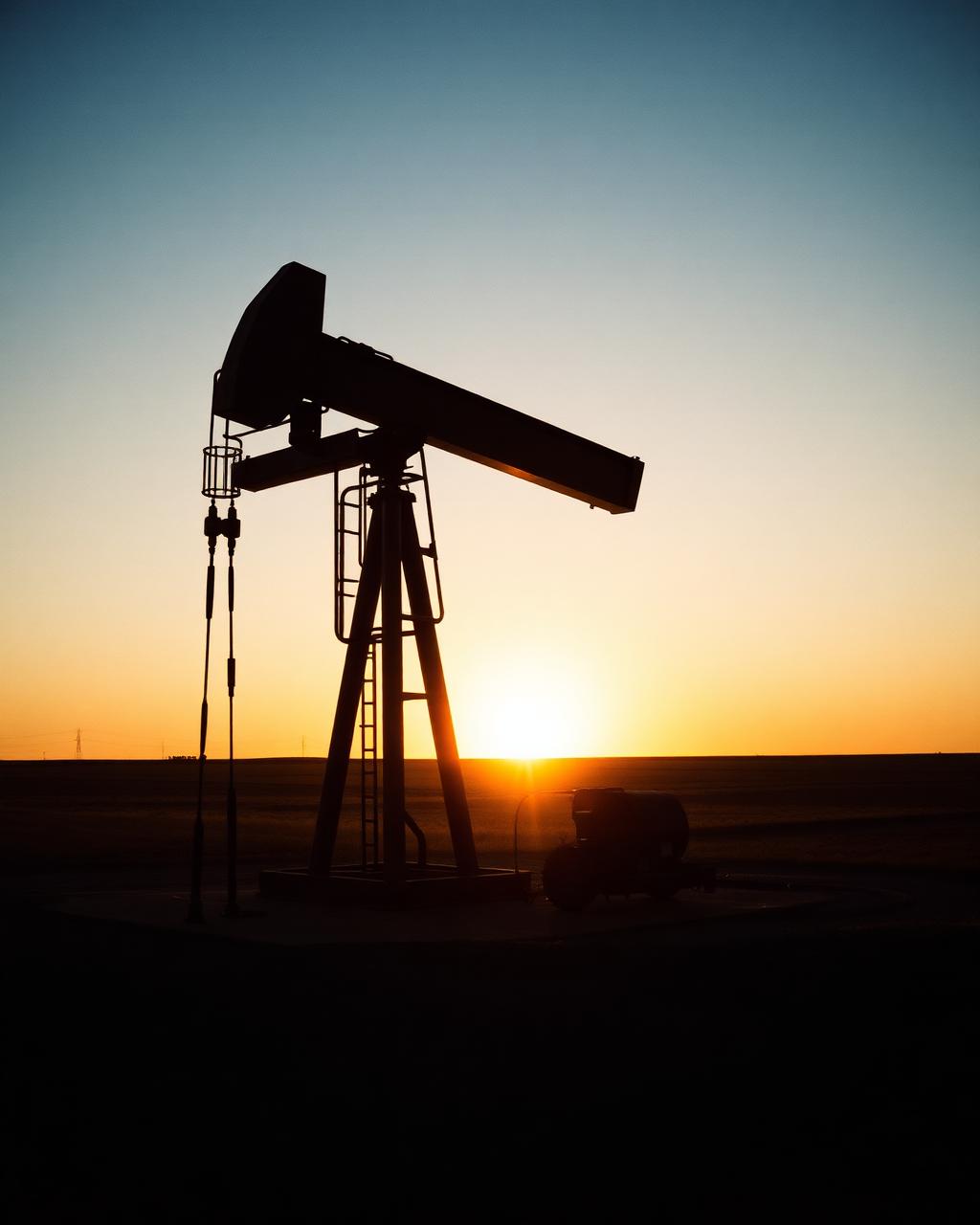 An active oil pumpjack on the North Dakota plains at sunset